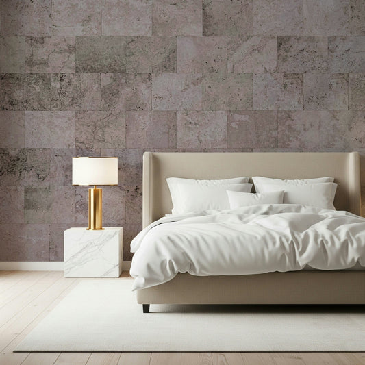Rustic block pattern wallpaper with weathered surfaces and subtle color variations for modern farmhouse décor.