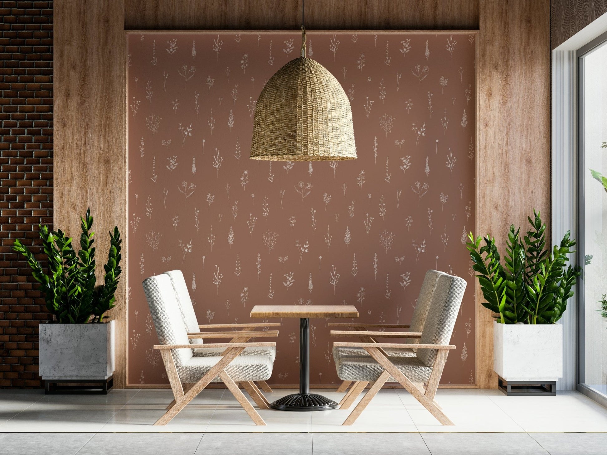 Warm-toned wallpaper with simple sketched blooms and foliage in a subtle repeating pattern