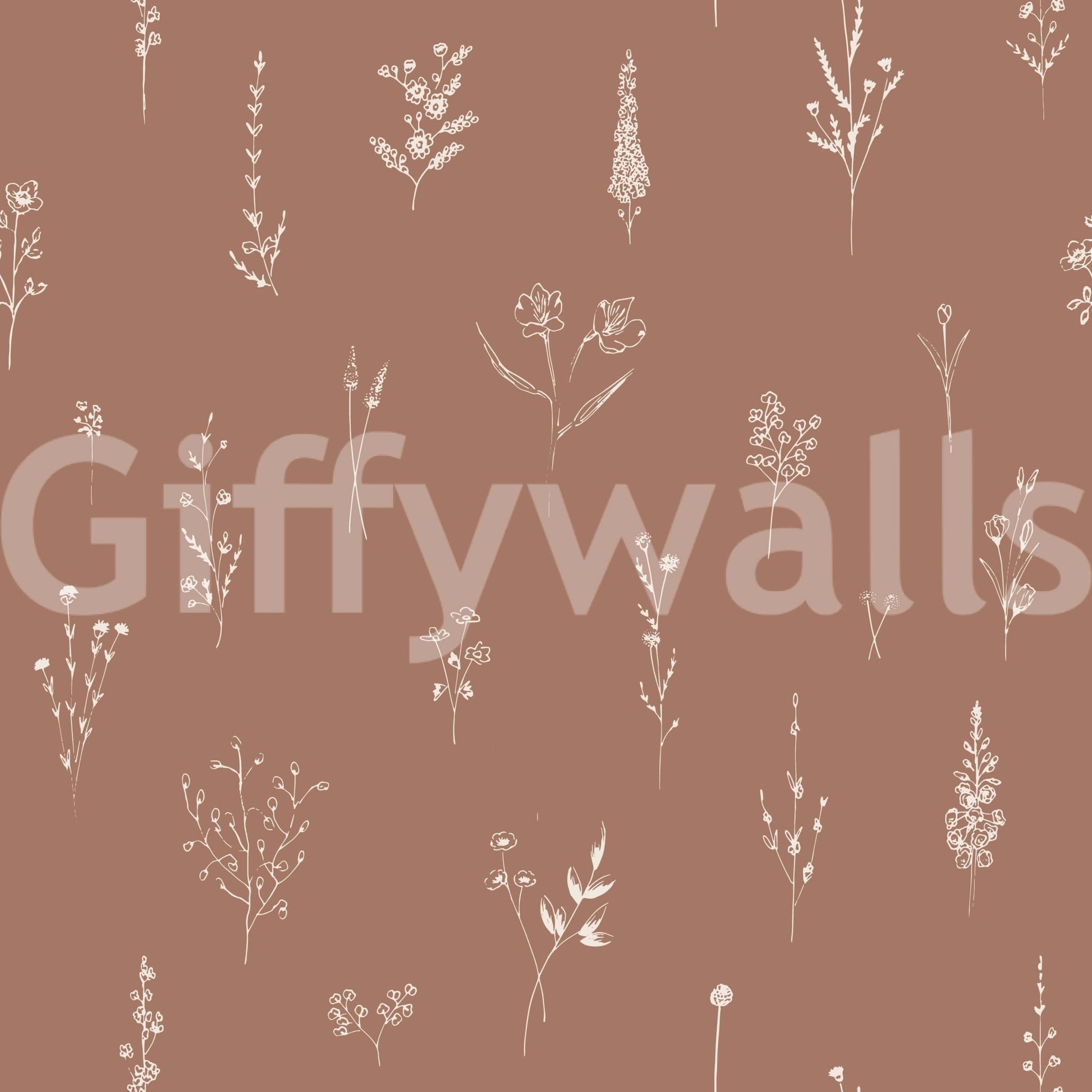 Minimalist cream-on-brown floral artwork with scattered botanical sketches for a rustic feel
