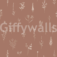 Minimalist cream-on-brown floral artwork with scattered botanical sketches for a rustic feel