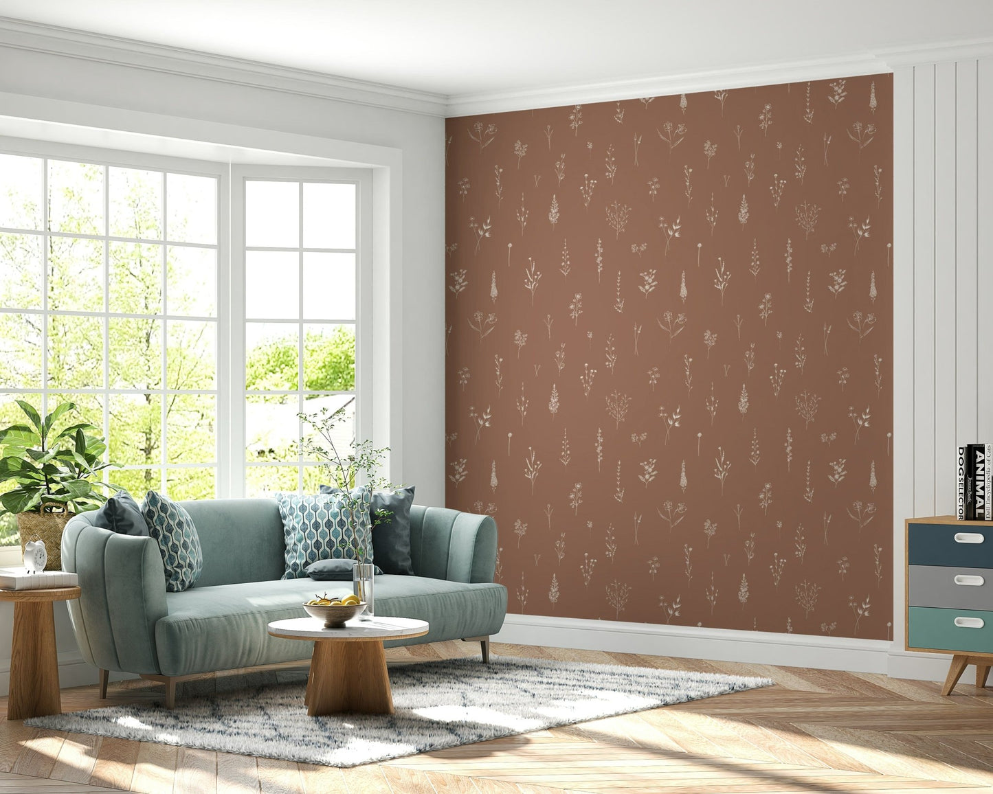 Rustic-inspired botanical design with delicate flower drawings evenly spaced across brown
