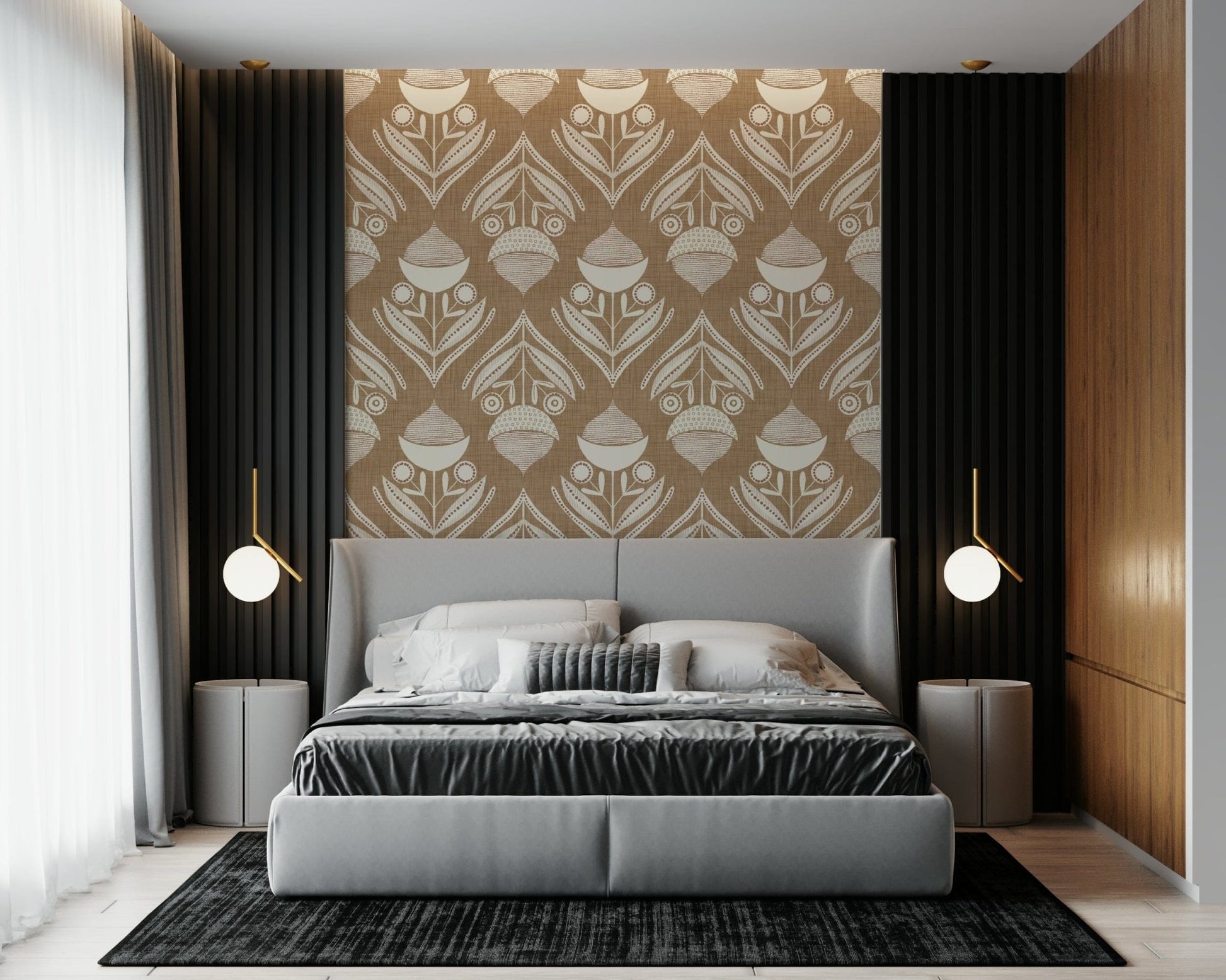 Rustic bloom wallpaper featuring cream floral motifs on a warm brown textured background