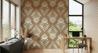 Stylized botanical pattern with symmetrical blooms and curved leaves in cream over a rustic brown base