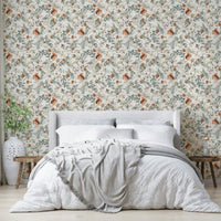 Soft neutral leaf prints on rustic-style wallpaper

