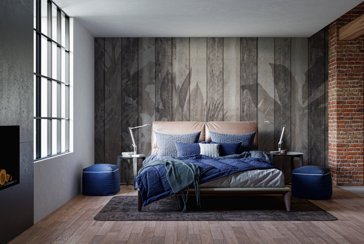 Rustik botanisk træpanel tapet in your room — zoomed