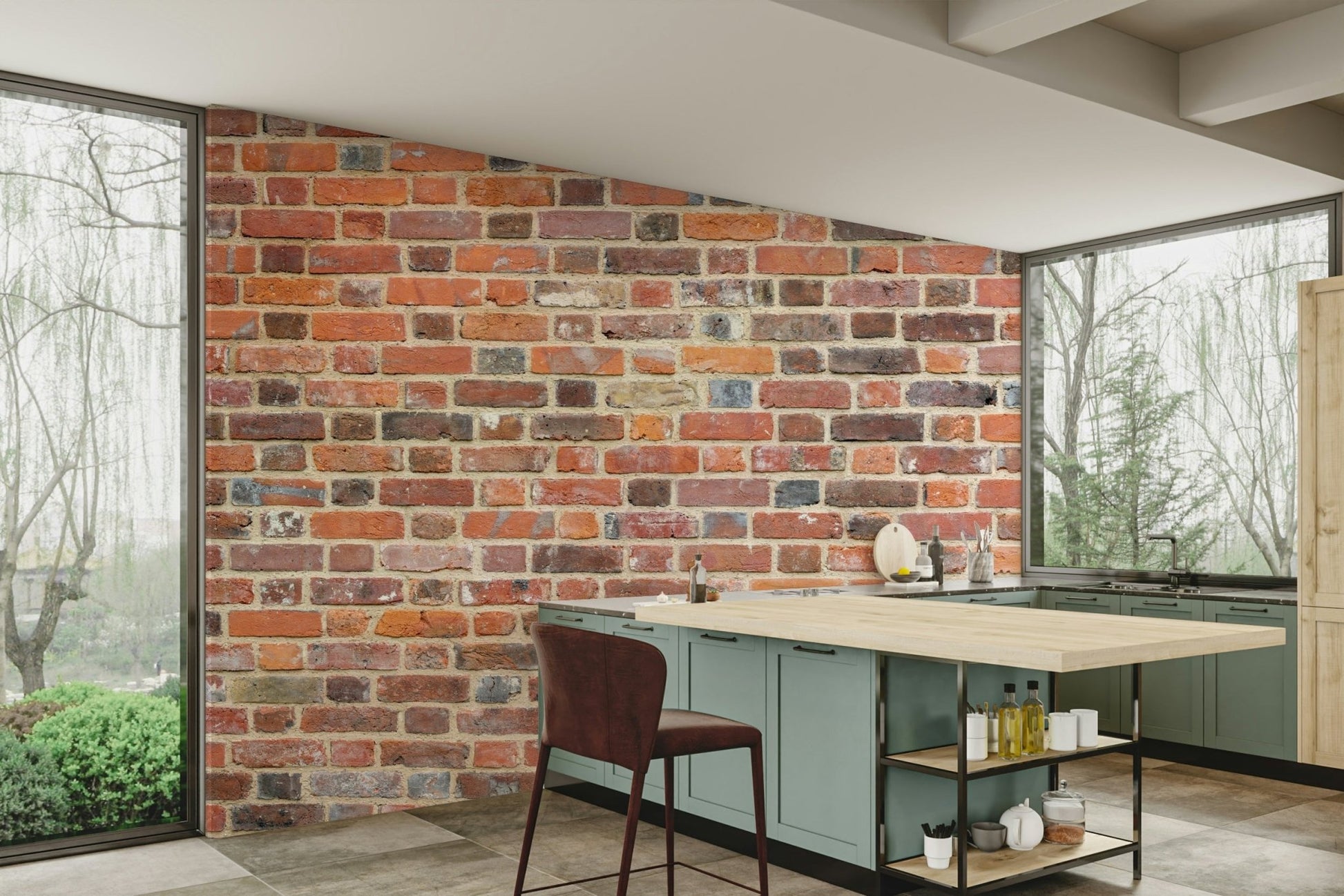 Authentic brick wall mural for creating a warm, industrial room.

