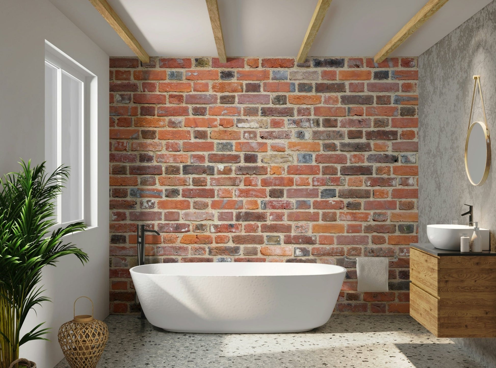 Industrial brick wall mural adding rustic charm to interiors.

