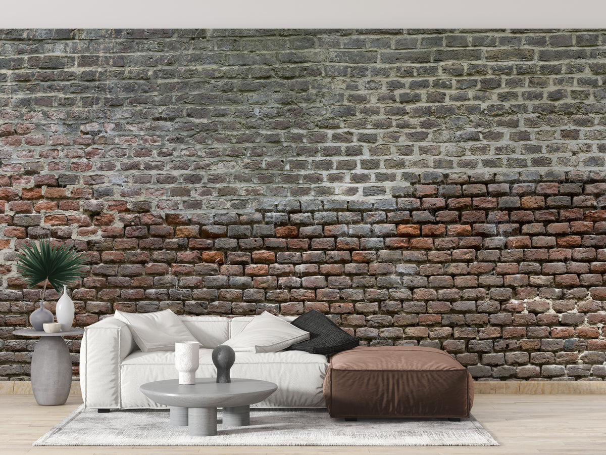 Soiled Dirt & Rustic Brick wallpaper mural shown as a full feature wall that highlights the design