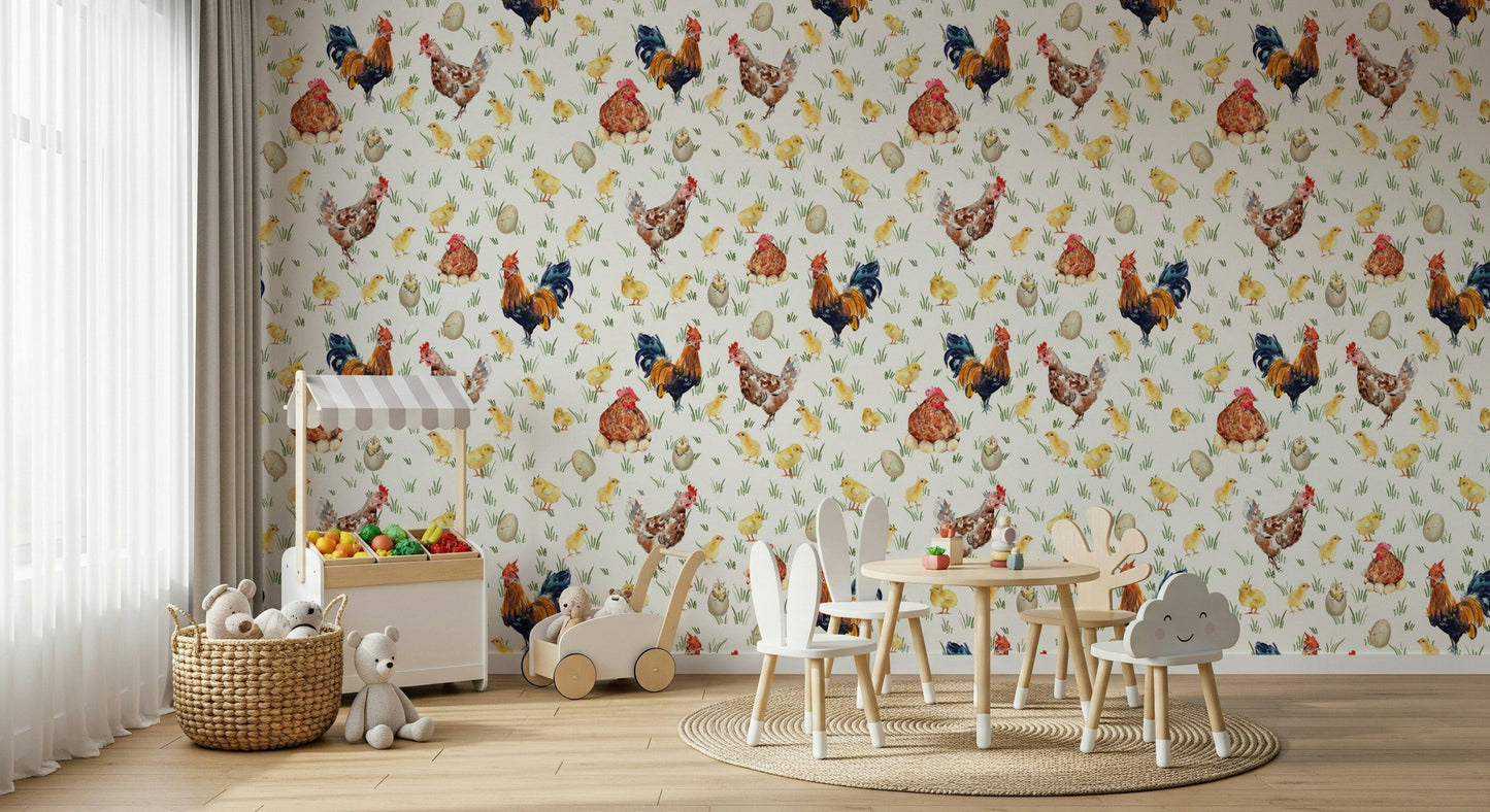Delightful Watercolor Chicken Coop mural with poultry print.