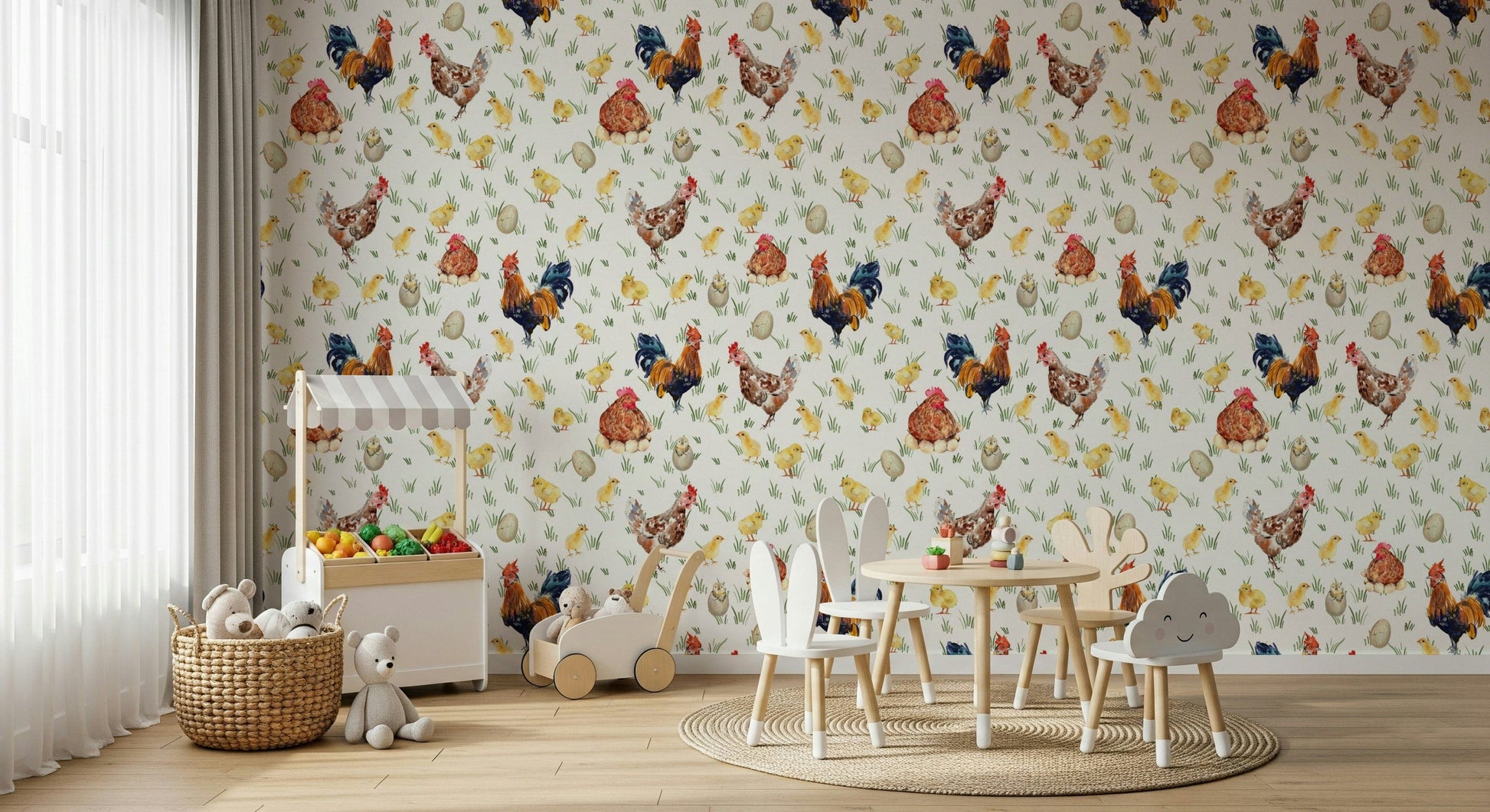 Delightful Watercolor Chicken Coop mural with poultry print.