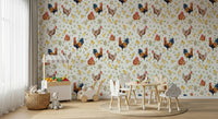 Delightful Watercolor Chicken Coop mural with poultry print.