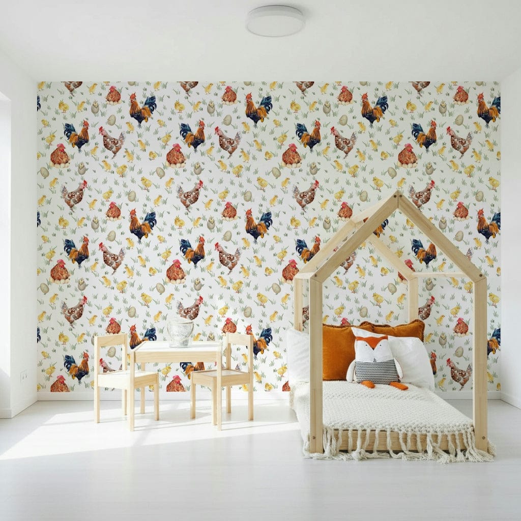 Premium Watercolor Chicken Coop wall covering with animals.