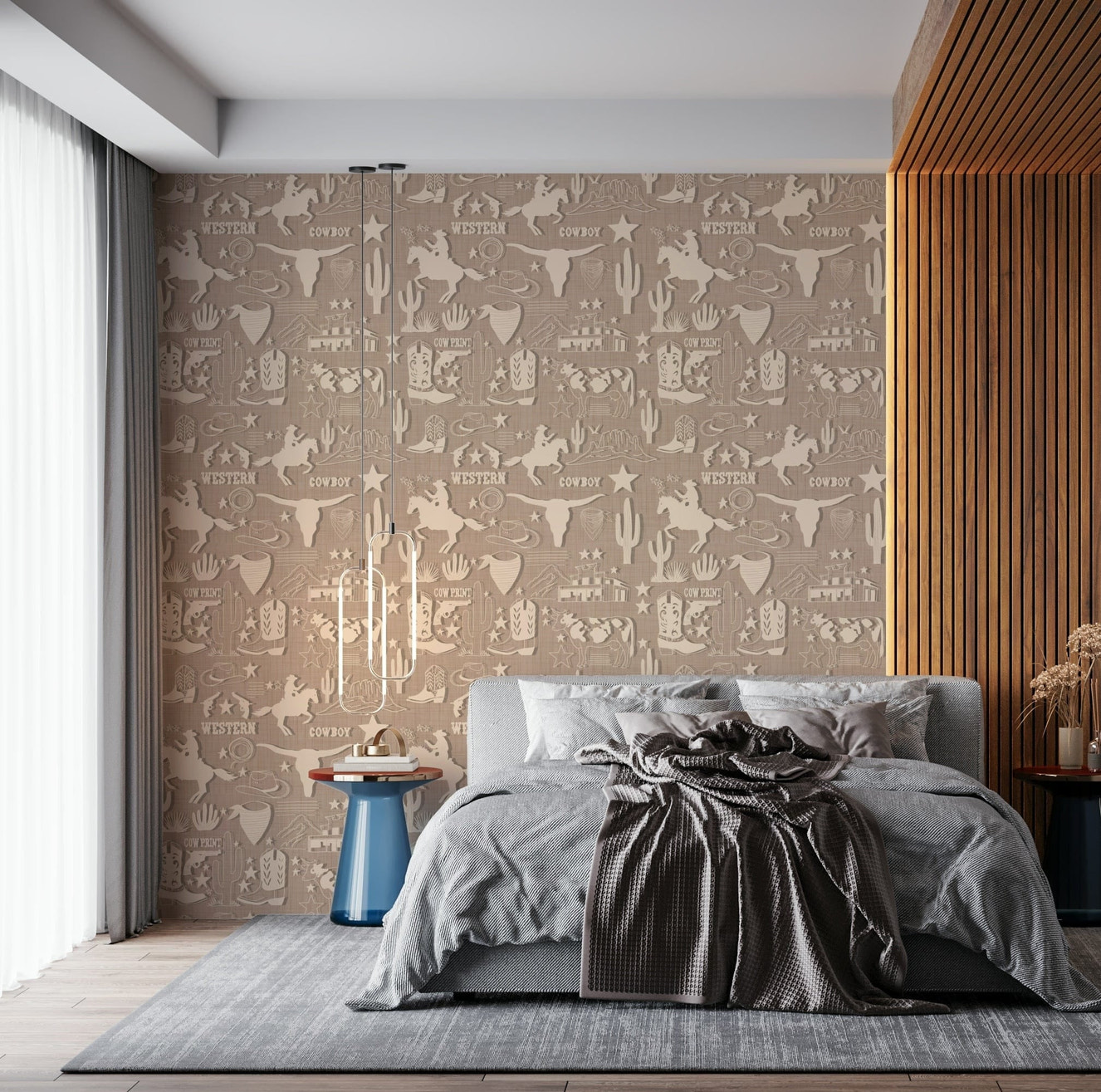 Rustic Cowboy Dream wallpaper showcasing silhouettes of horses, cacti, stars, and cowboy hats in a repeating pattern.