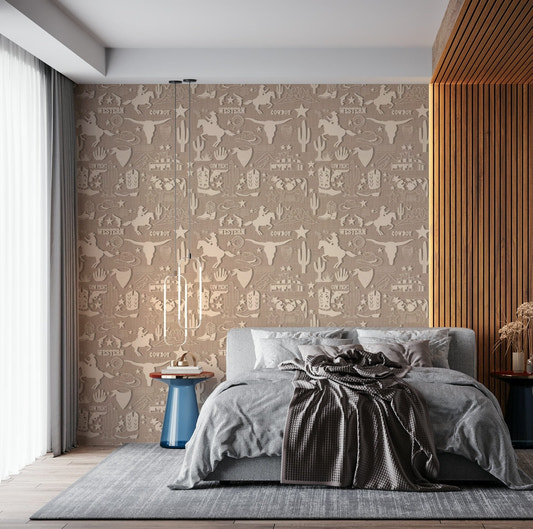 Rustic Cowboy Dream wallpaper showcasing silhouettes of horses, cacti, stars, and cowboy hats in a repeating pattern.