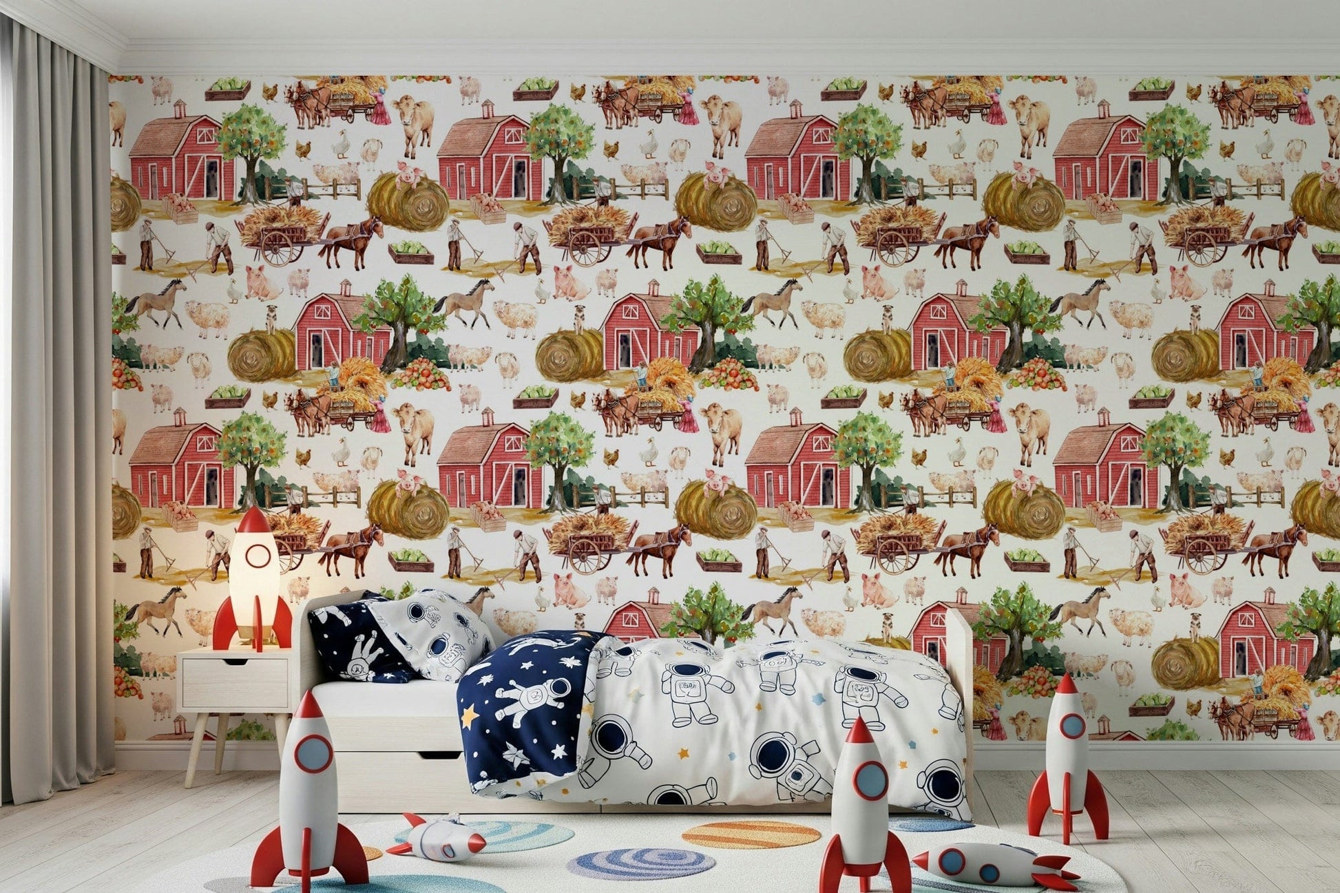 Farm Life Watercolor joyful rural wall covering product.