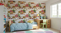 Adorable animal and barn Farm Life Watercolor wallpaper mural.