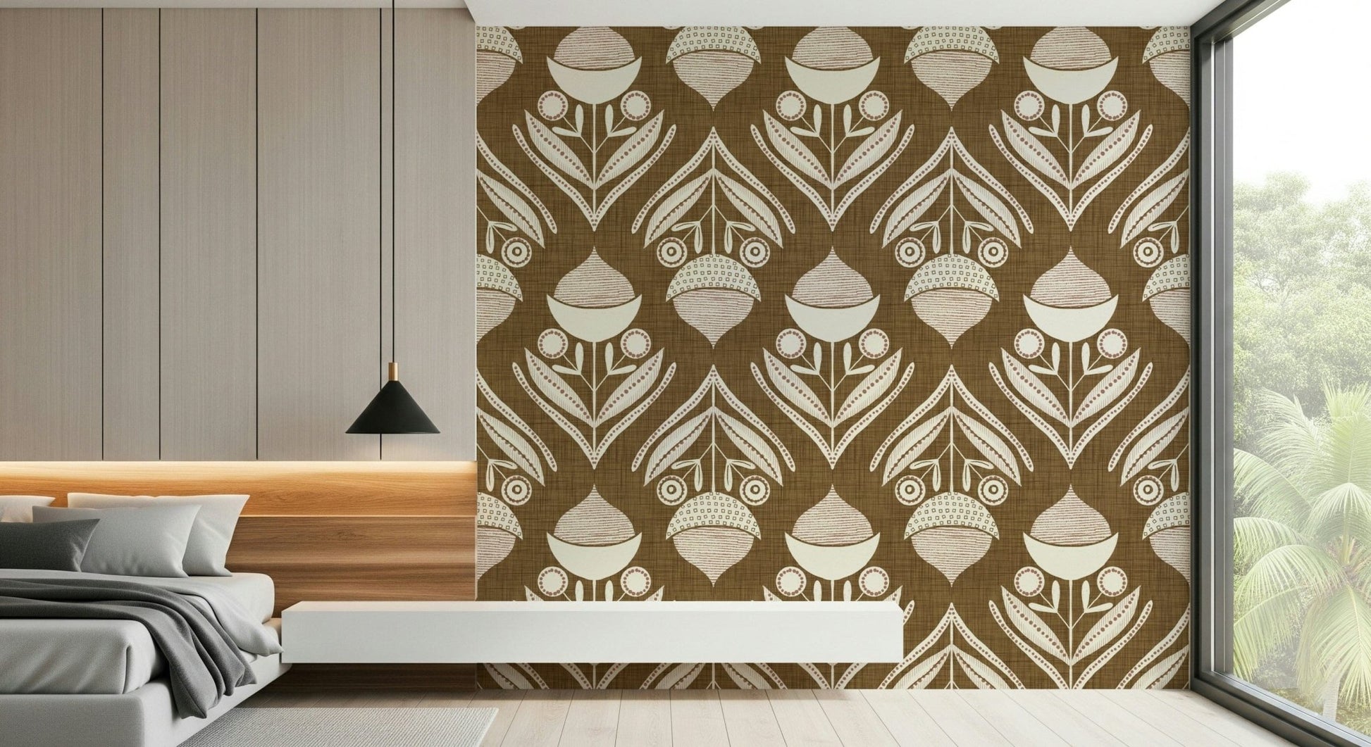 Rustic Floral wallpaper featuring stylized botanical motifs in cream and soft pink on a warm brown background.