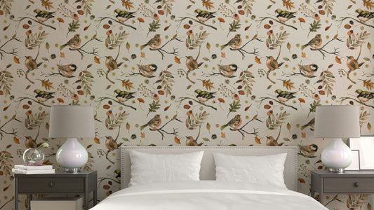 Rustic forest green wallpaper with birds and trees

