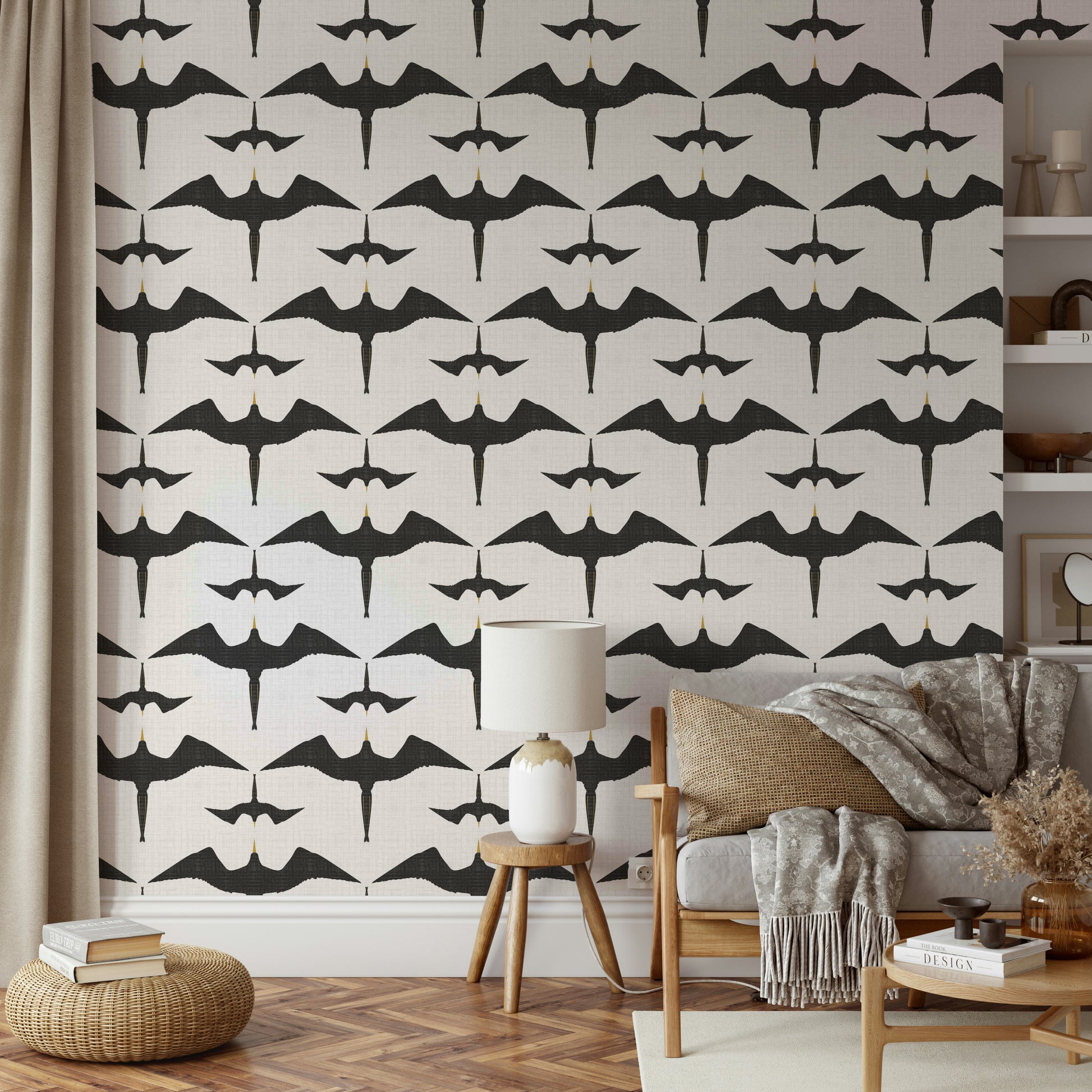 Serene white wallpaper featuring a bird flock pattern

