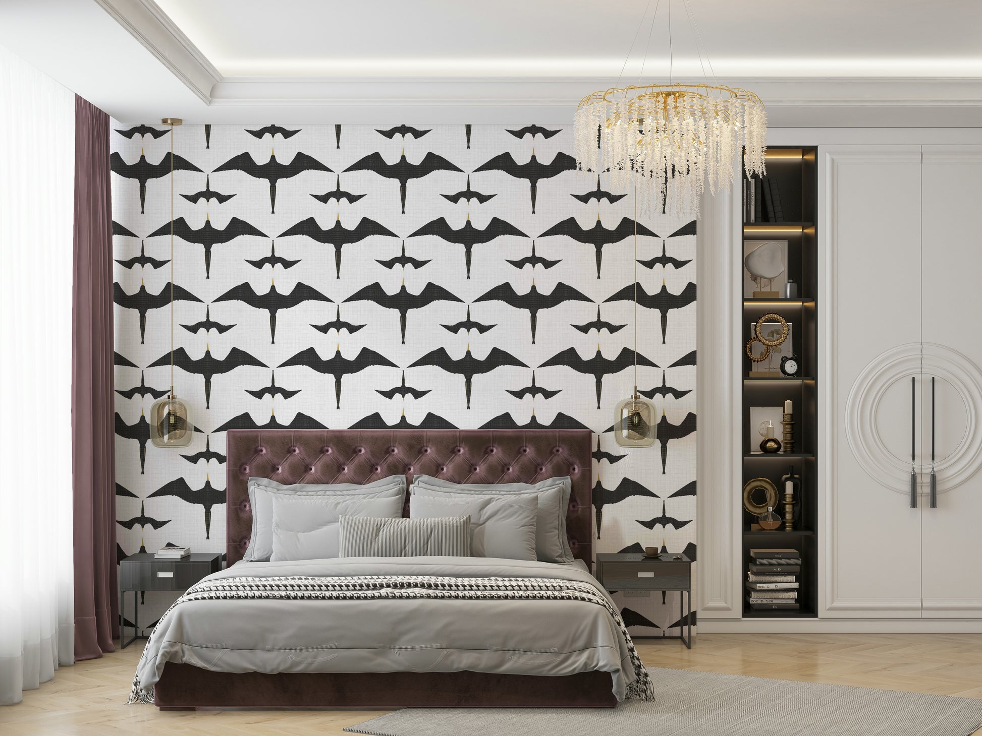 Minimalist bird-themed wallpaper in rustic white tones

