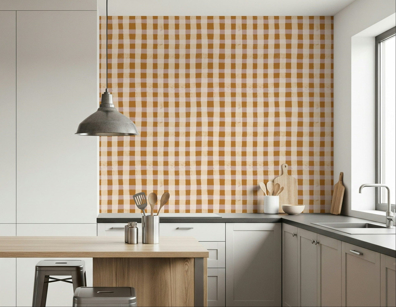 Beige and brown gingham checks forming a charming, country-style wallpaper pattern.
