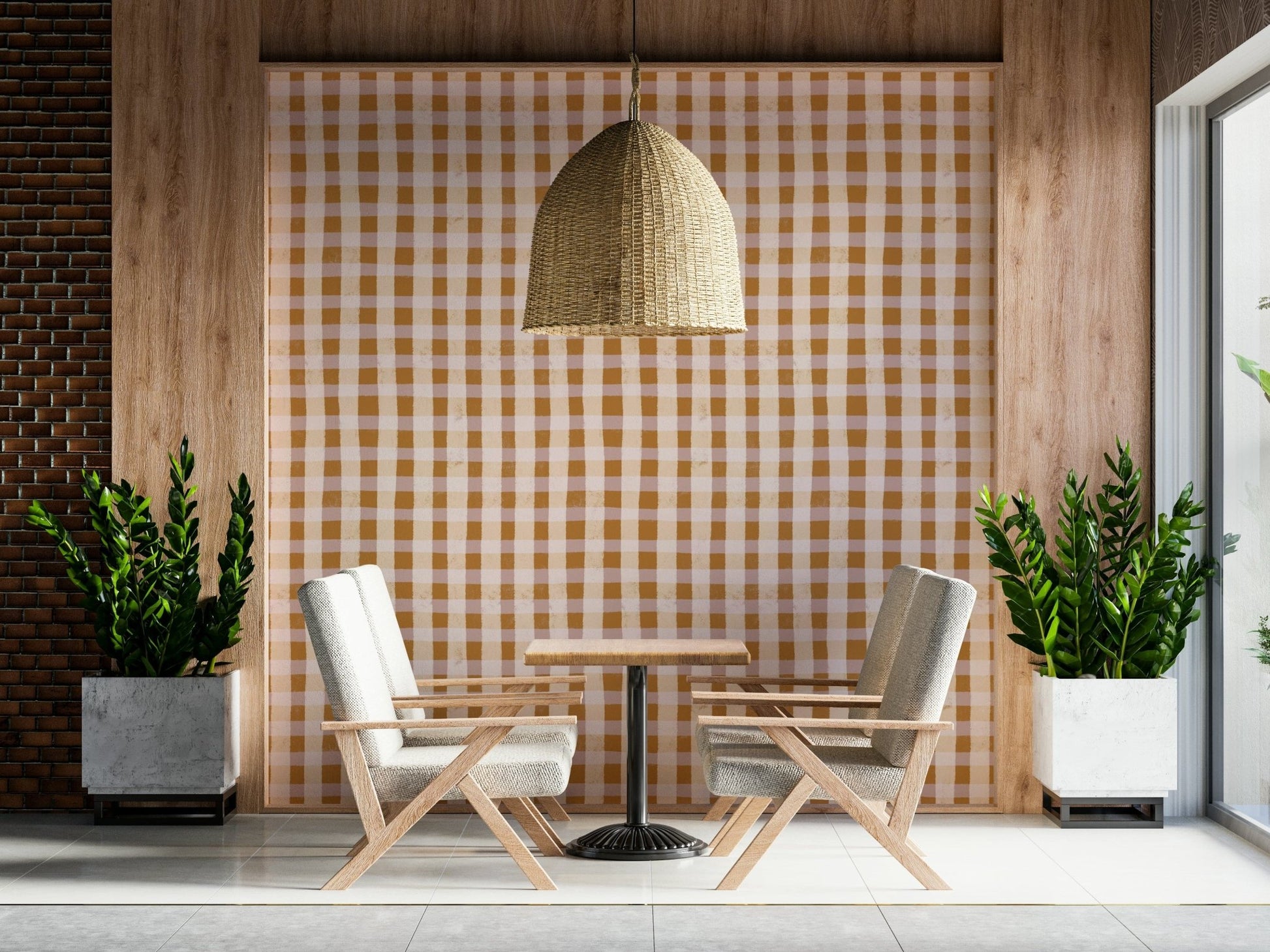 Warm brown checkered wallpaper designed with a hand-painted, artisanal gingham style.