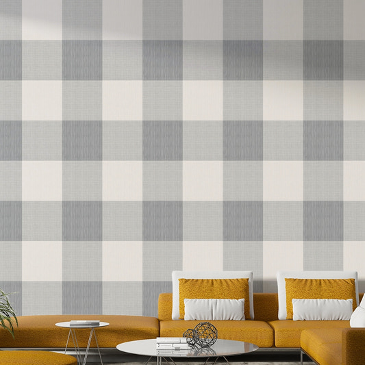 Gray buffalo plaid wallpaper for rustic spaces

