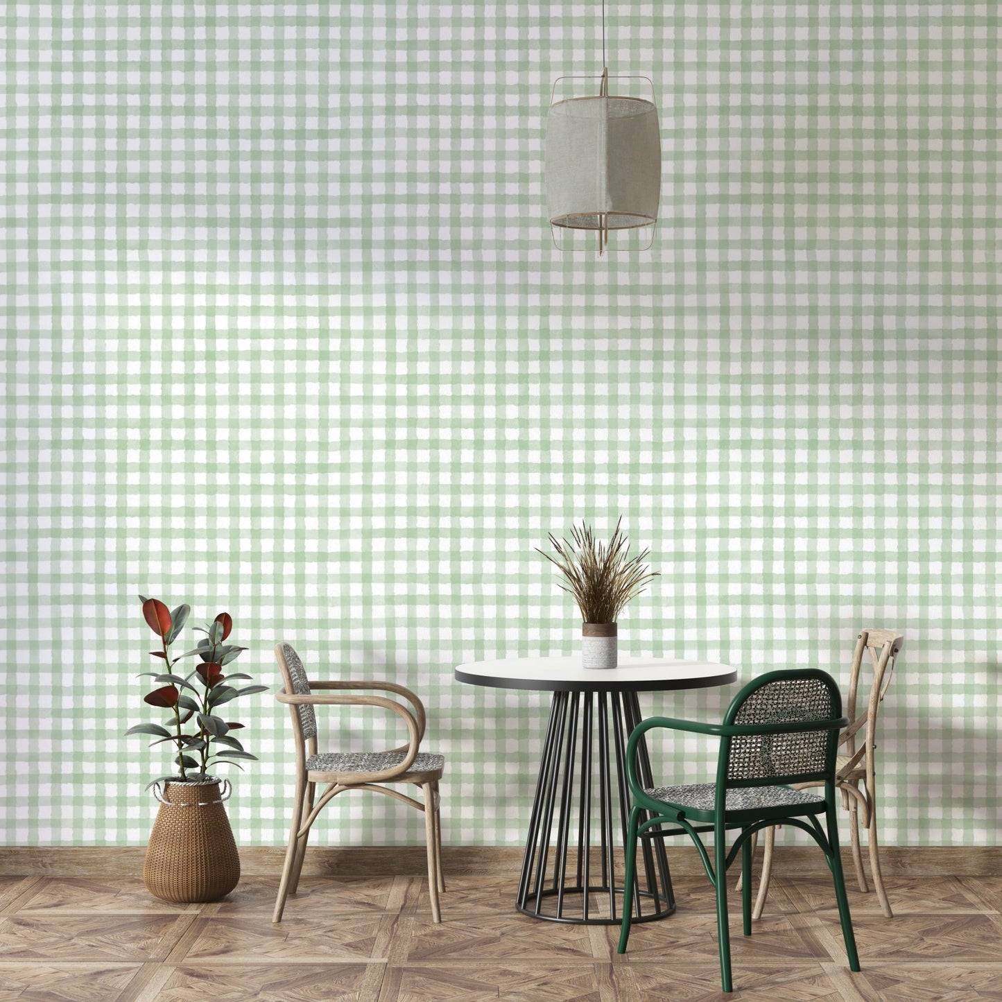 Green gingham wall design with natural charm
