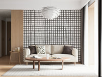 Earthy rustic grid line mural giving walls a warm, organic aesthetic.