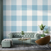 Soft blue farmhouse wallpaper with checks

