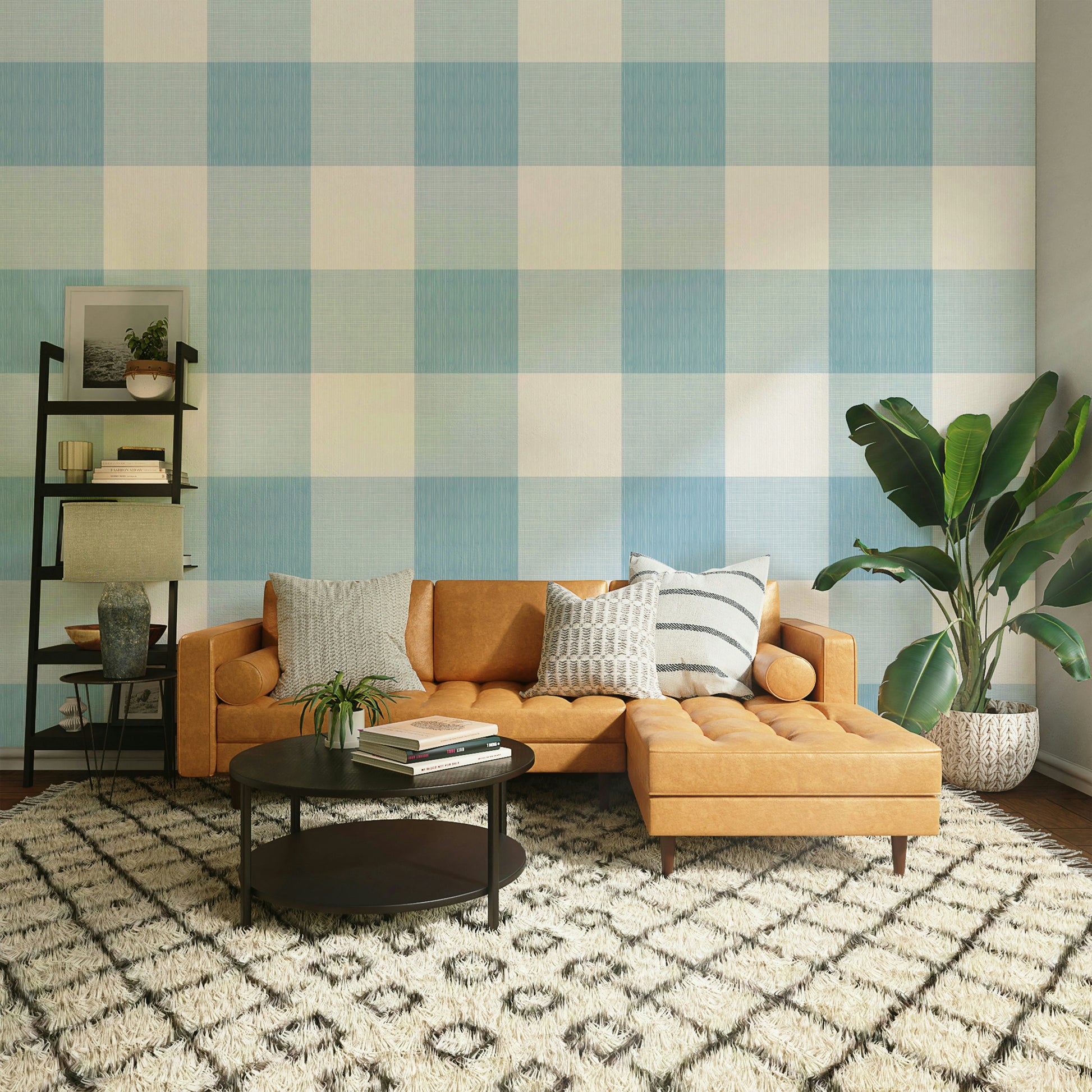 Country-style wallpaper with blue plaid pattern

