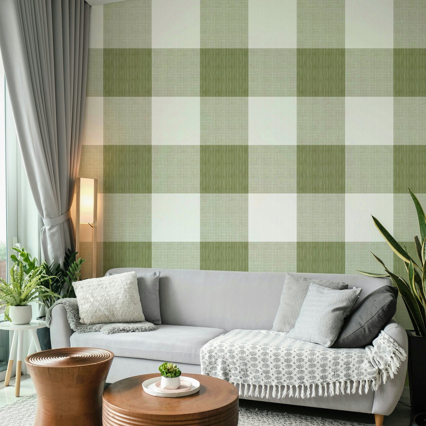 Nature-toned buffalo plaid wallpaper in green

