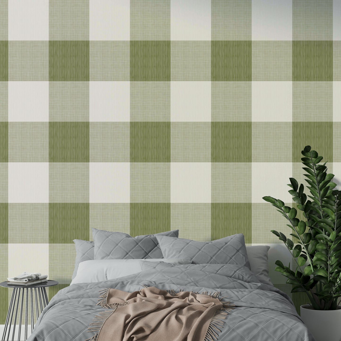 Olive check wallpaper for rustic interiors


