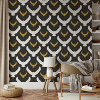 Flying owl design on textured gray wallpaper

