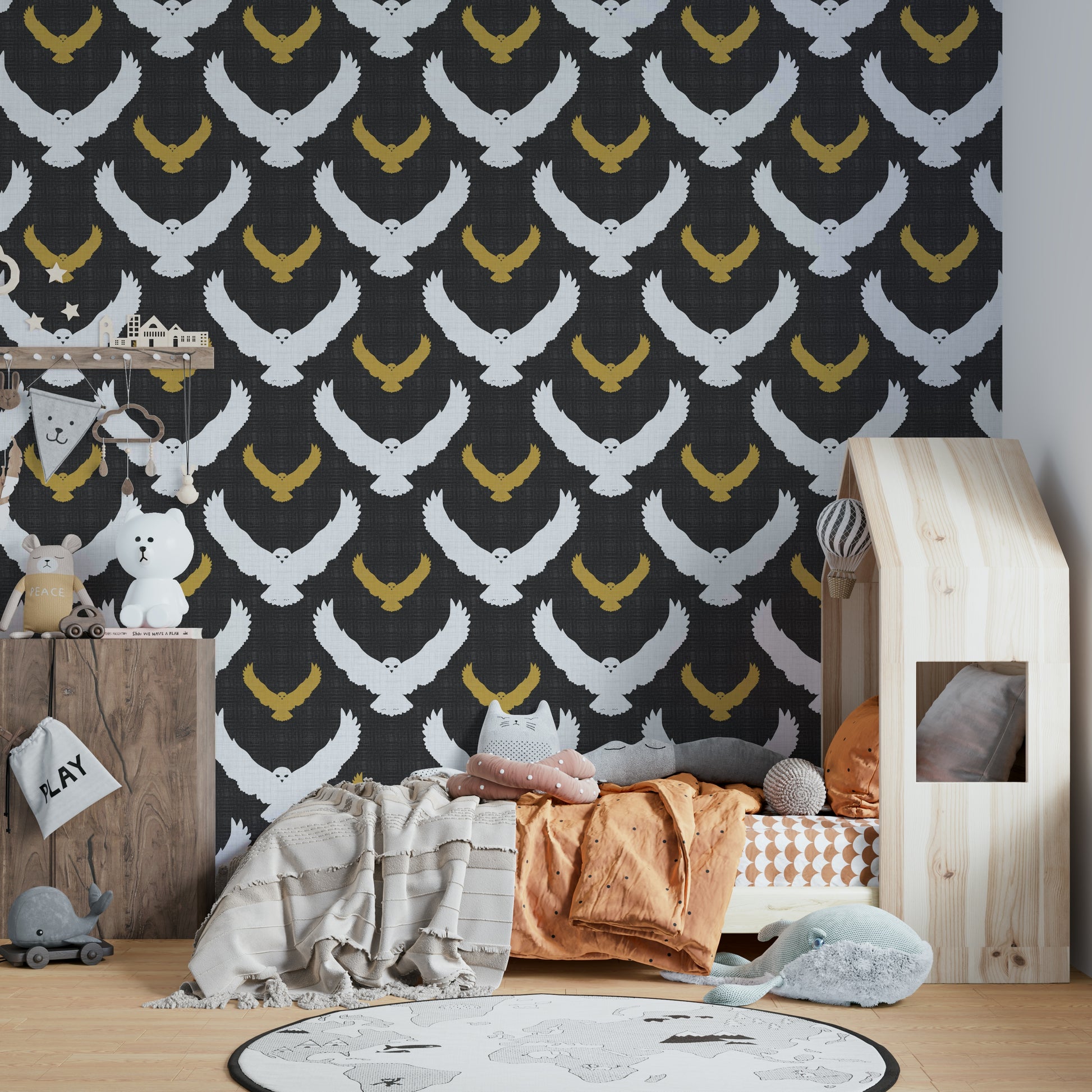 Soft gray wallpaper with owl flock design

