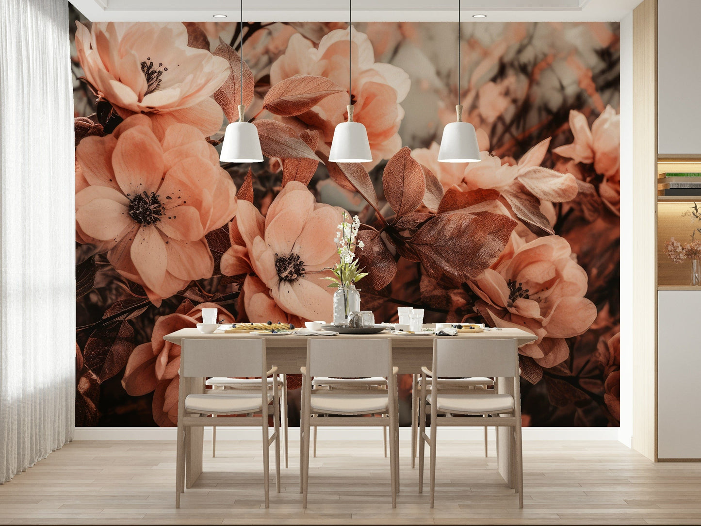 An artistic charming bloom mural on minimalist wallpaper.

