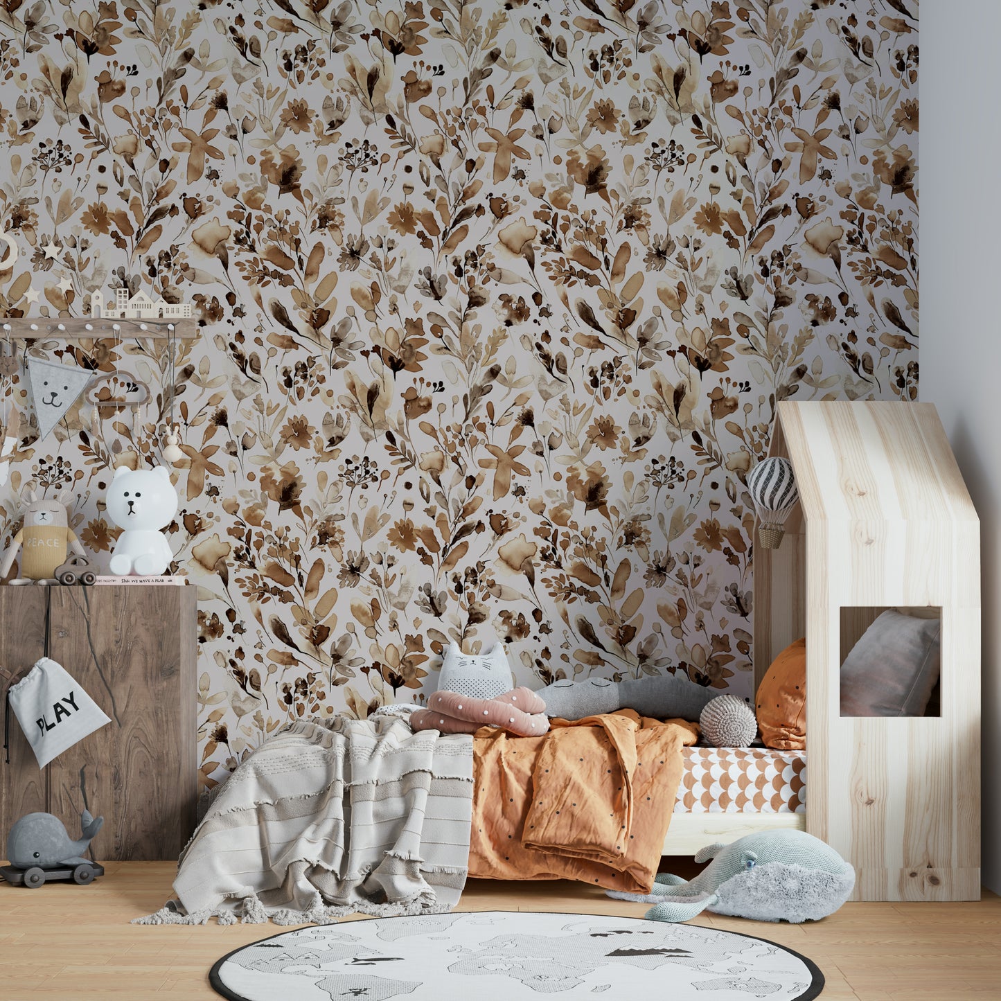 Country-inspired wallpaper with rustic flowers and plants.

