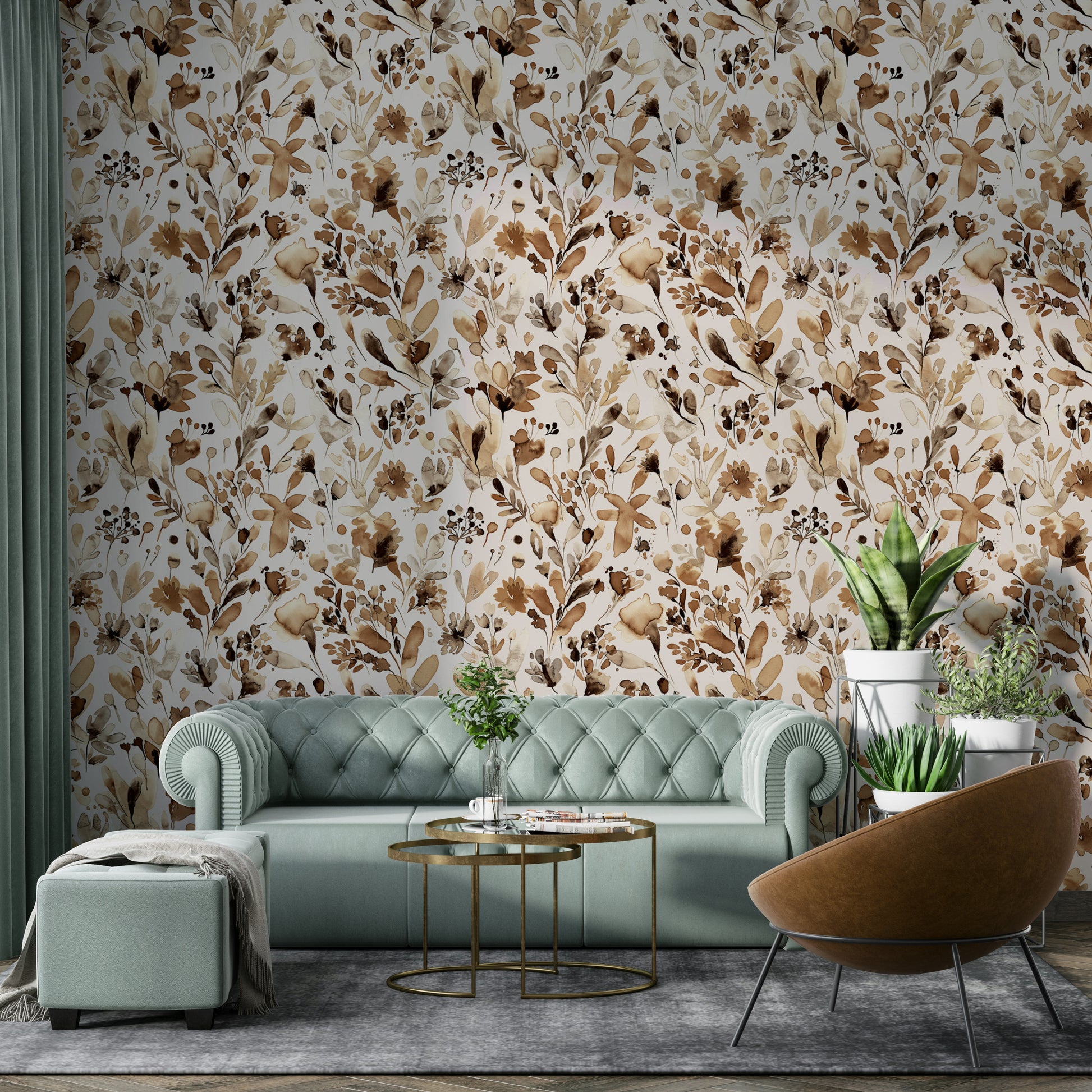 Earth-toned floral wallpaper with natural, vintage-inspired design.

