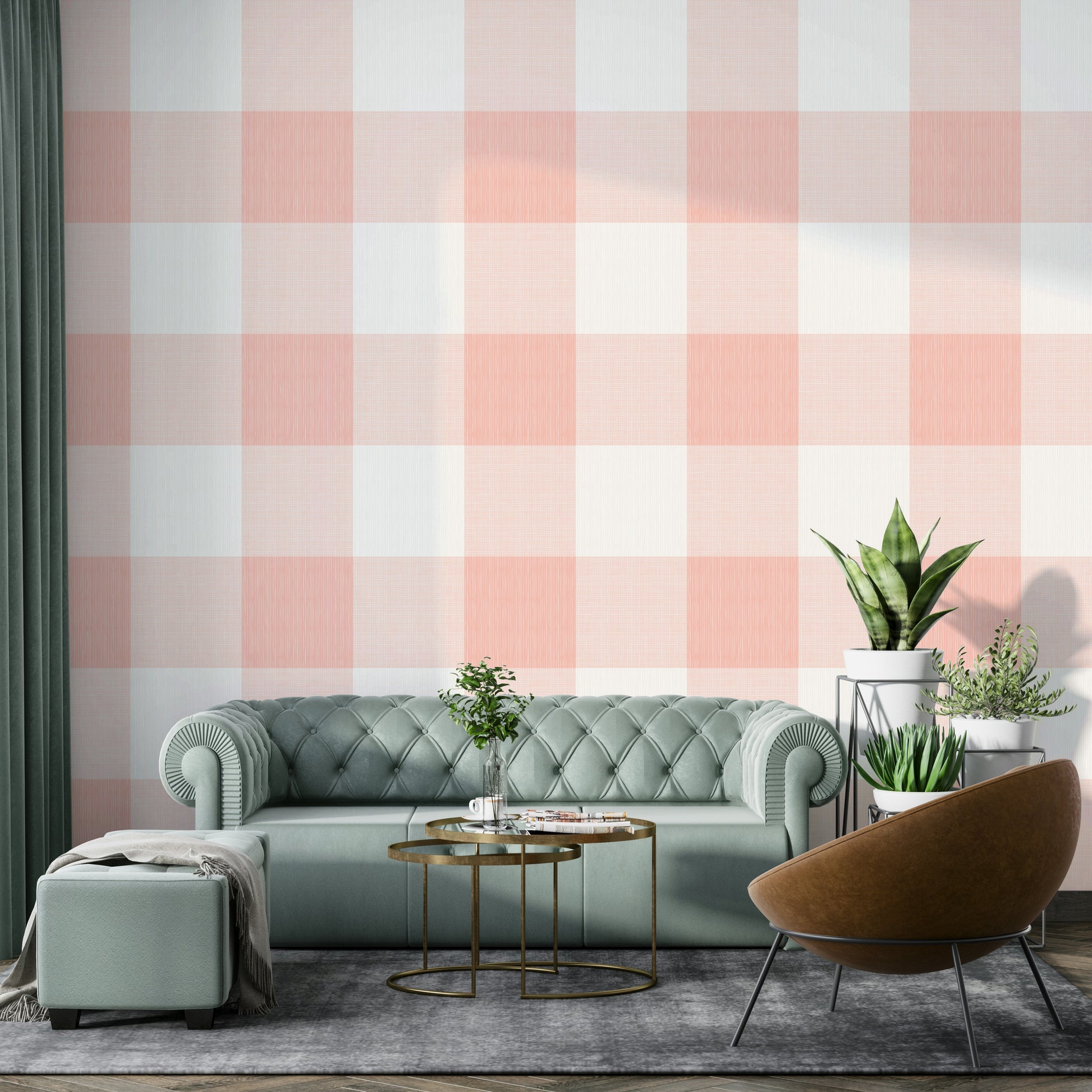 Soft pink check wallpaper for bedrooms or nurseries

