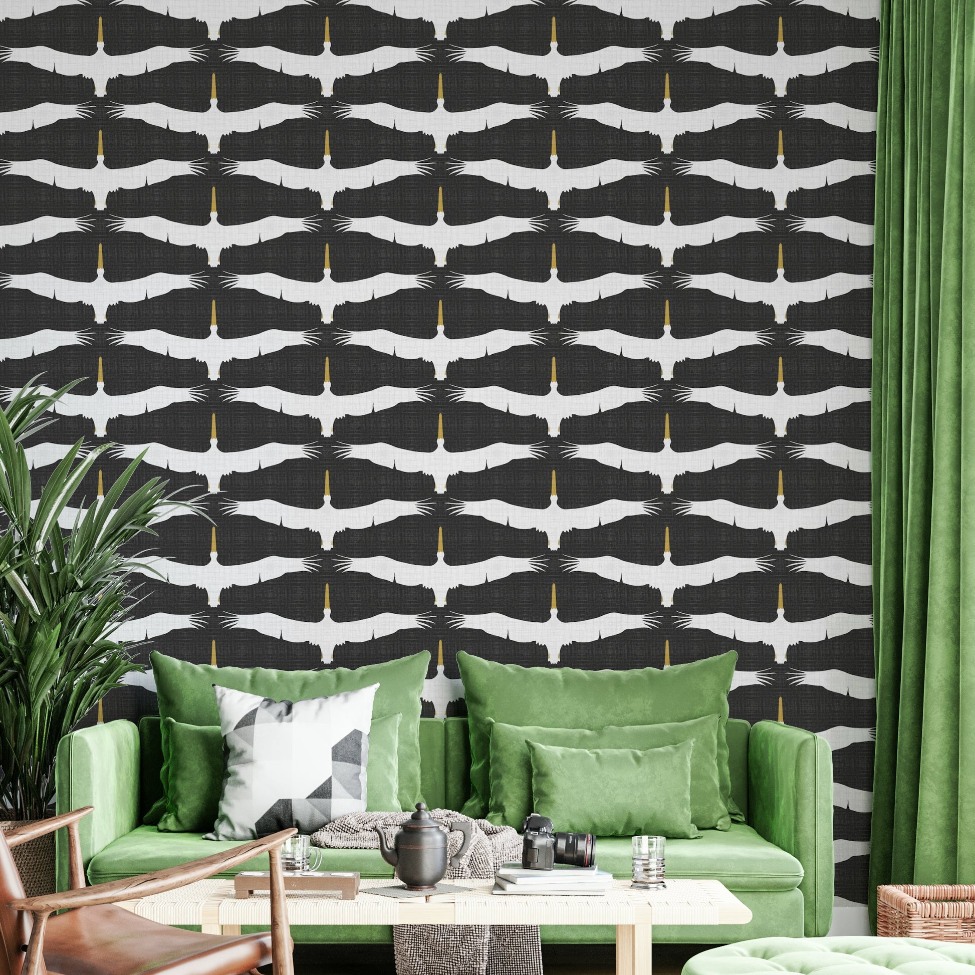 Rustic wallpaper with soft spoonbill bird silhouettes

