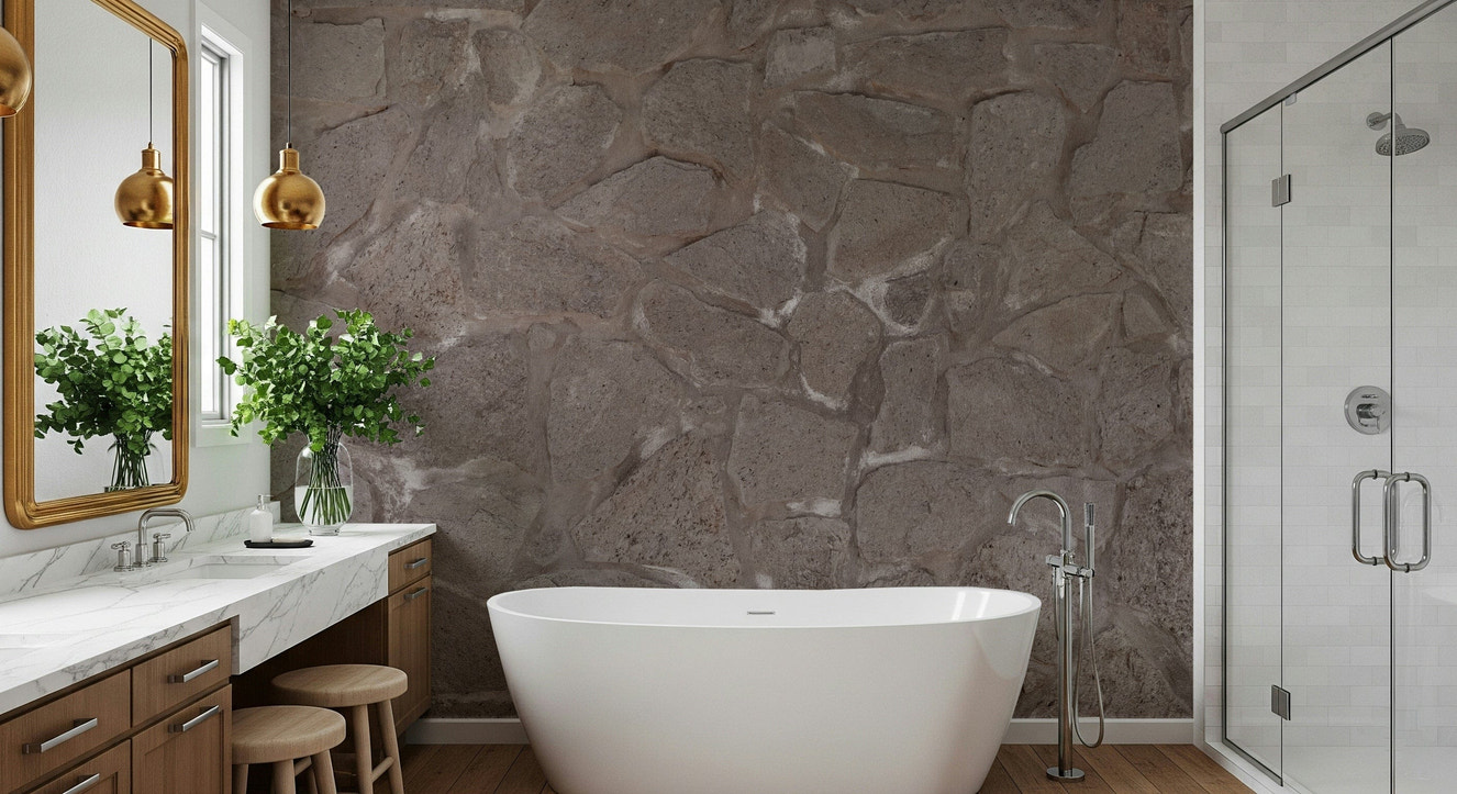 Textured wall mural with layered stone patterns creating a warm and authentic accent wall.