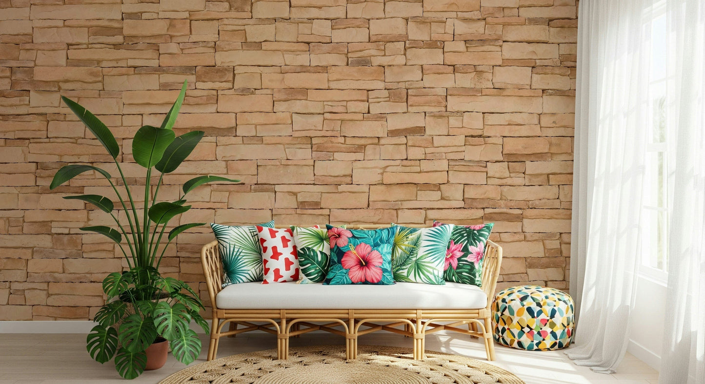 Textured wall mural with layered stones creating an authentic, warm, and inviting accent wall.