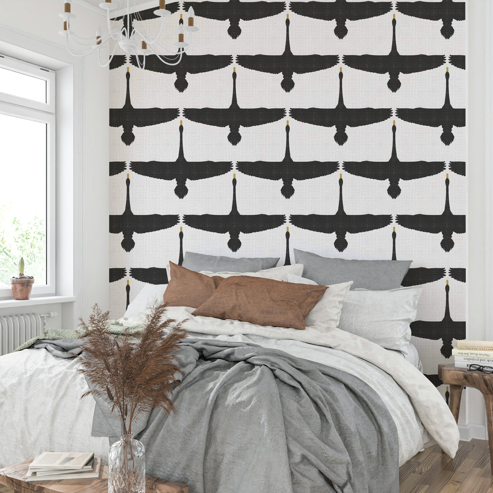 Minimalist gray wallpaper with graceful swans

