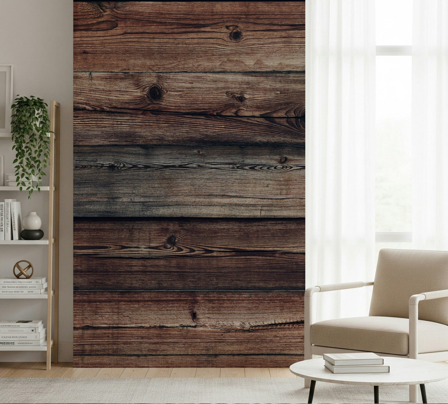 Rustic Timber Wall Mural with rough, weathered wood surfaces for a grounded, earthy ambiance.