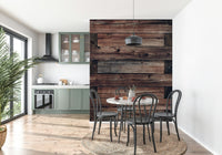 Rustic wood wallpaper mural with natural grain patterns for authentic, vintage-inspired interior design.
