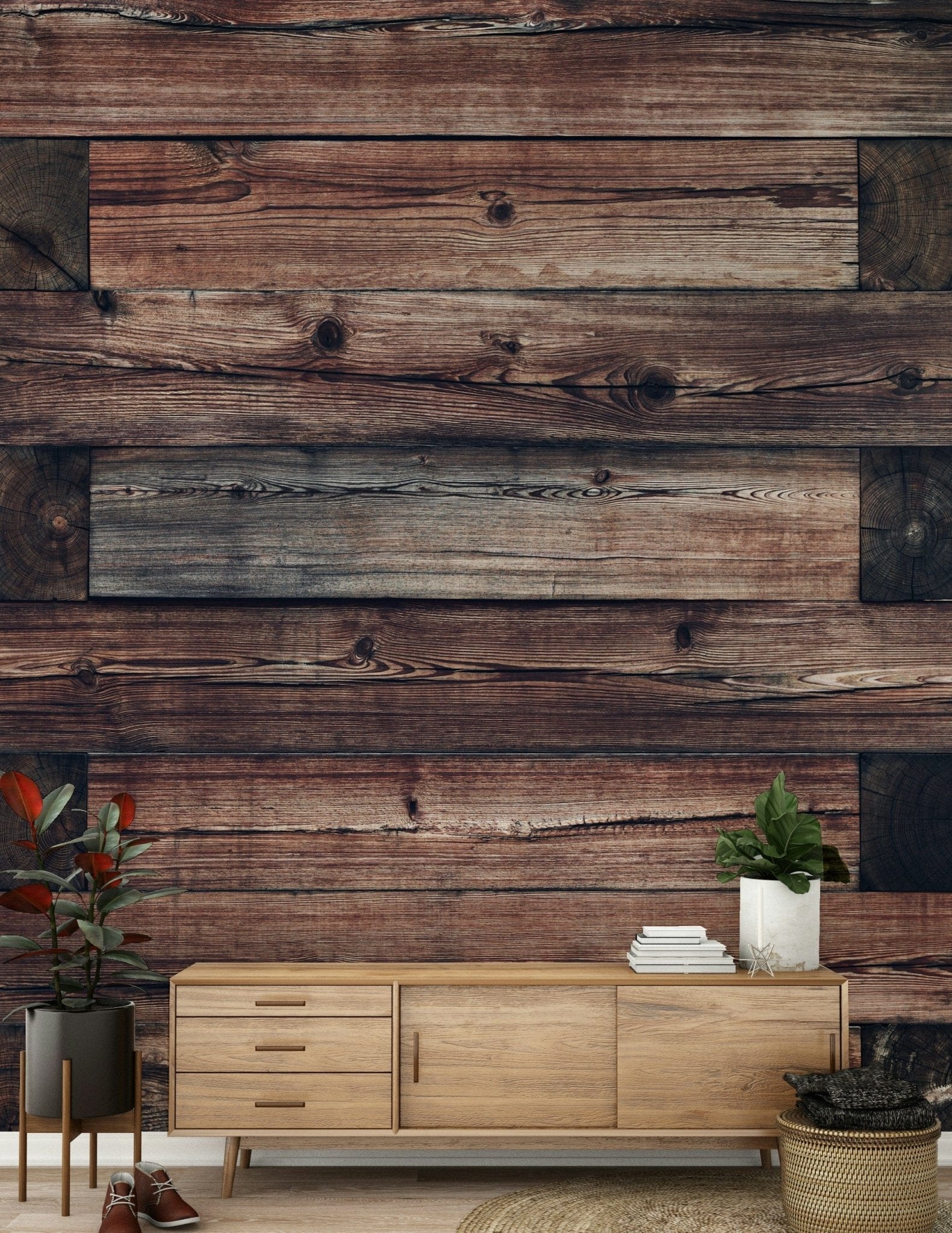 Textured wall mural showcasing weathered timber panels for farmhouse, loft, or rustic-style décor.