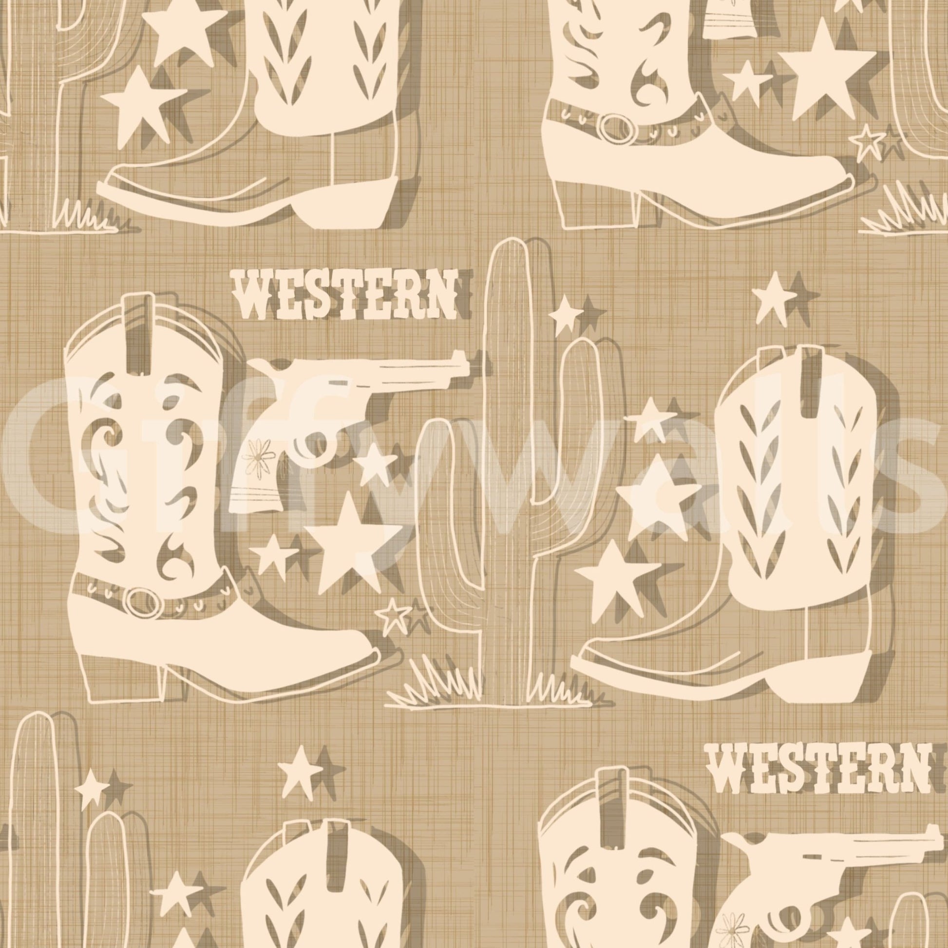 Rustic wallpaper featuring simple Western illustrations like boots, cacti, and stars.