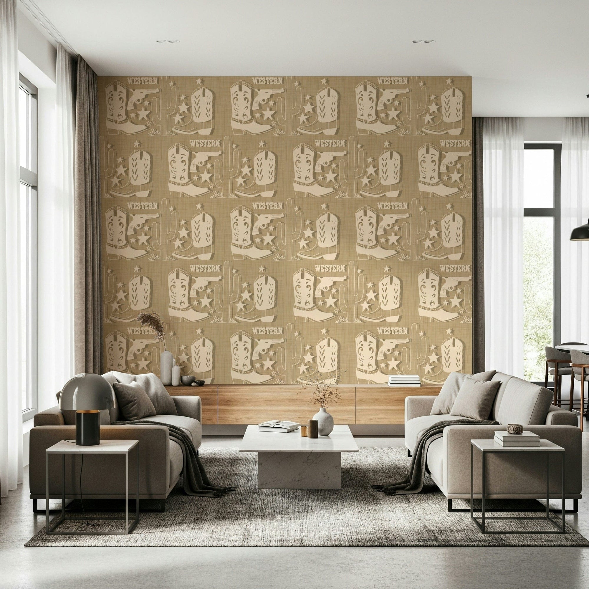 Western-themed wallpaper mural with repeating boots, pistols, cacti, and star icons in earthy tones.