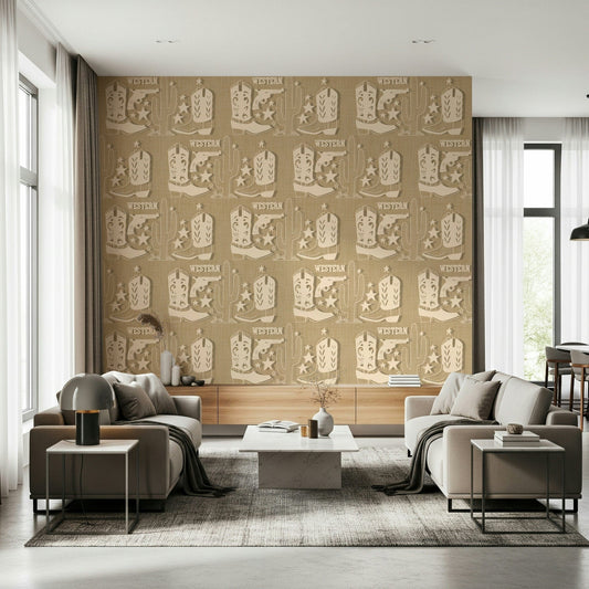 Western-themed wallpaper mural with repeating boots, pistols, cacti, and star icons in earthy tones.