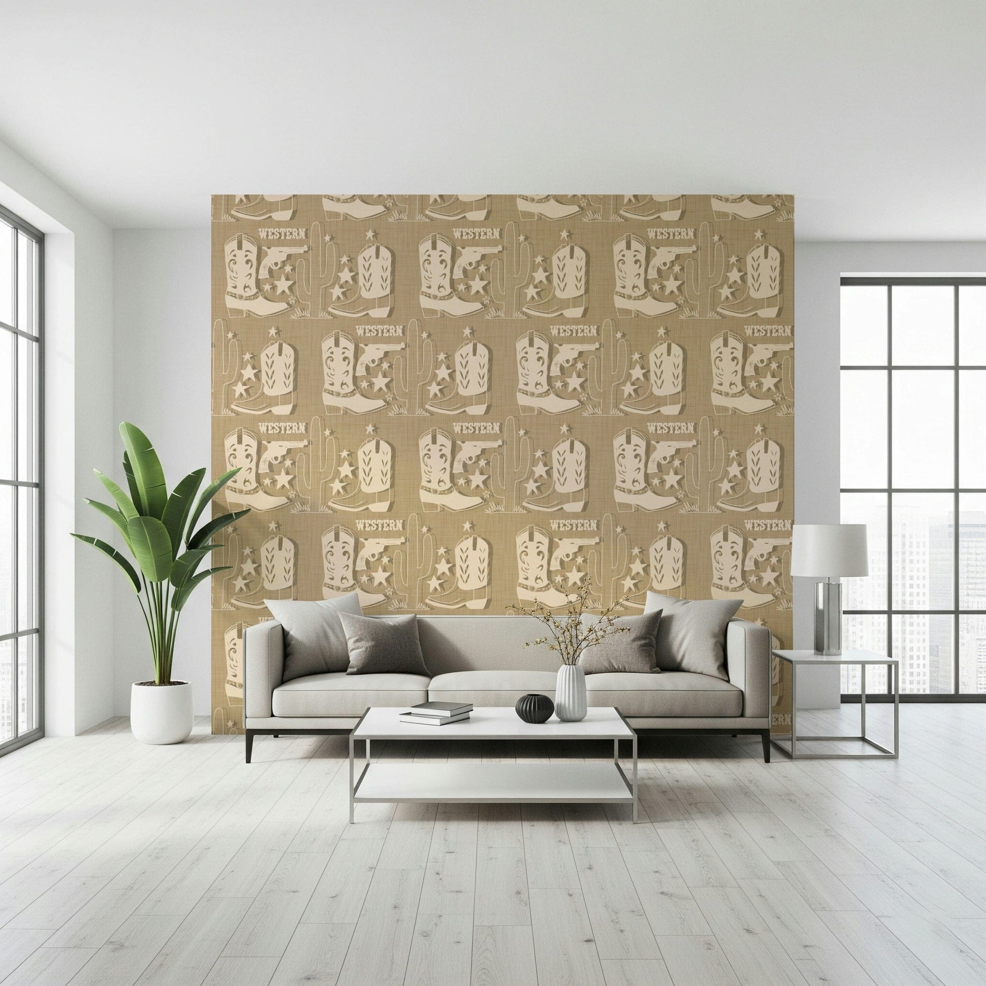 Vintage Western wallpaper featuring sketched cacti, stars, and cowboy gear on a warm brown backdrop.